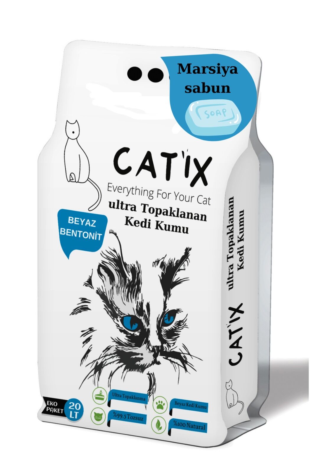 CATİX 20lt Beyaz Bentoint Marsilya Sabun Kokulu Ince Taneli Kedi Kumu Ultra Topaklanma