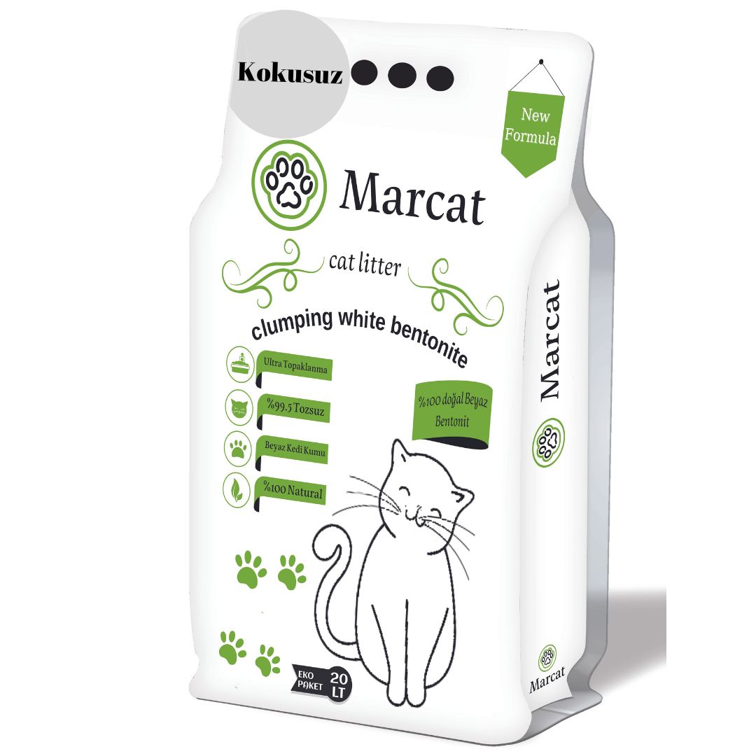 MarCat 20 Lt Ince Tane Kokusuz Beyaz Bentonit Kedi Kumu